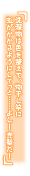 「洗濯物は色を整えて、物干し竿に虹がかかるようにしてっと……よし！　完璧だ！」